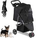 Foldable Pet Stroller for Cats and Dogs 3 Wheels Carrier Strolling Cart with Weather Cover, Storage Basket + Cup Holder (Black)