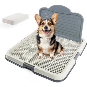 Dog Pee Pad Holder with High Wall, Large Puppy Potty Training Tray with Mesh Grid & Splash Guard, 23.6 x 23.6 Indoor Dog Litter Box, Includes 4 Disposable Pee Pads