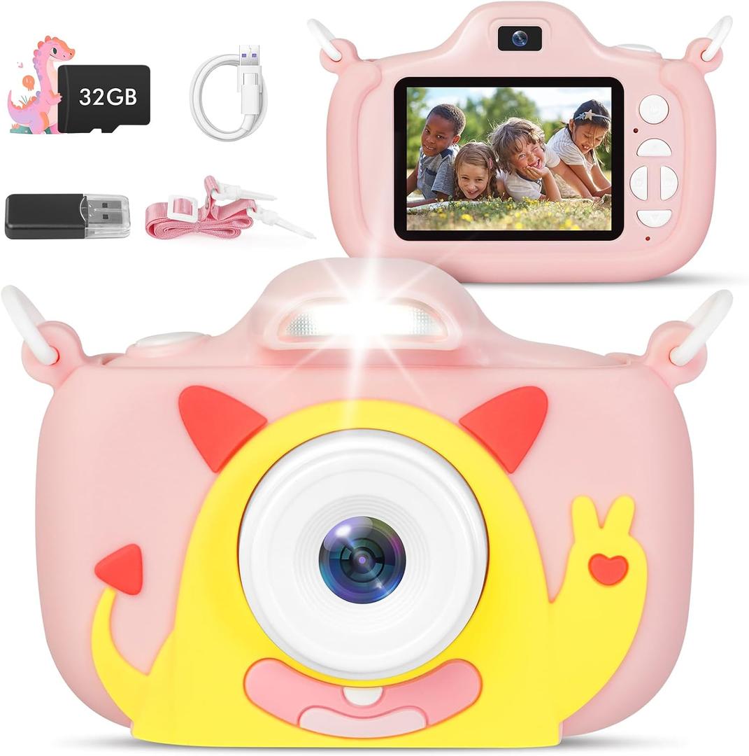Kids Camera with Flashlight & 2.4in Screen, 1080P Dual Lens Toddler Camera- Christmas Birthday Gift for 3-12 Year Old Girls Boys, Kids Digital Camera with 32GB Card & Shockproof Case (Pink)