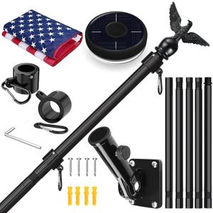 6FT Black Flag Pole Kit for Outside House with American Flag & Solar Light,1" Thickened Stainless Steel Wall Mount Flagpole with 180Adjustable Bracket for Residential Outdoor PorchPorch