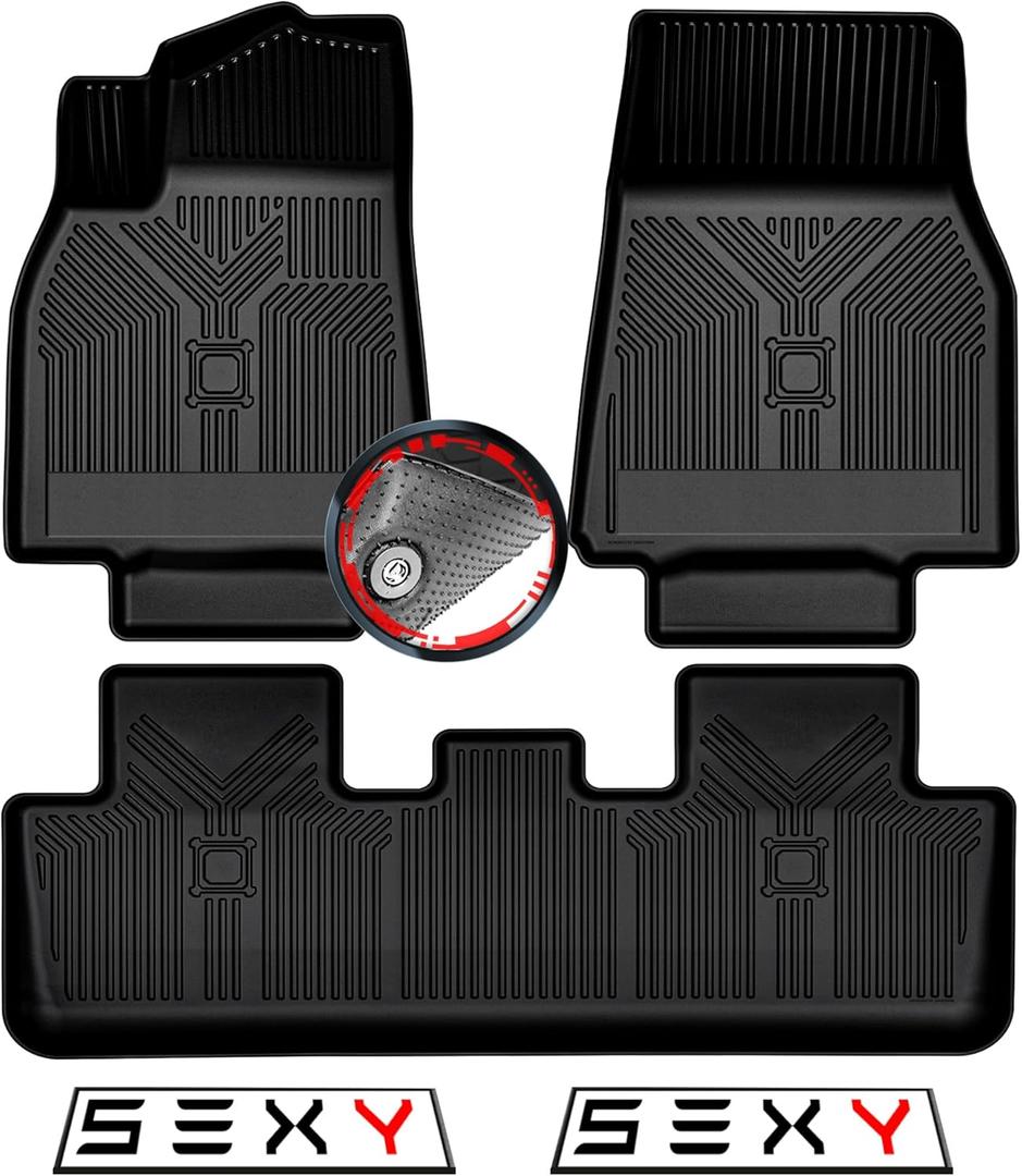 2020-2024 Tesla Model Y (5 Seater) Floor Mats, 3D Custom Fit All-Weather Car Floor Liners for 1st & 2nd Rows, Anti-Slip Odorless Rubber Mats with Detachable Absorbent Weather Strips, Easy to Clean