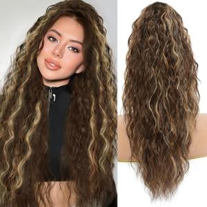 Ponytail Extension, Claw Clip on Pony tails Hair Extension for Women 22 Inch Long Wavy Curly Fake Ponytail Clip in Hair Pieces for Women Fluffy Natural Looking (Dark Chestnut with Blonde Highlights)