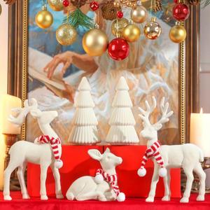 Lanpn 5 Pcs Christmas Velvet Reindeer & Tree Figurine Set, Flocking Xmas Reindeer Cone Trees Statue, Christmas Deer Decoration Elk Sculpture Home Tabletop Mantle Winter Holiday Decor, White