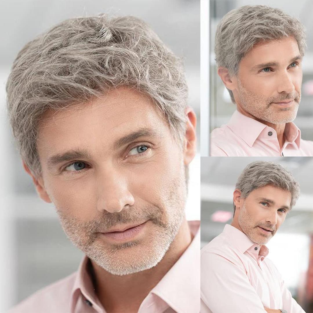 Sallcks Men's Short Grey Wig Natural Layered Costume Halloween Wigs Synthetic Heat Resistant Hair Replacement Wigs for Male Guys