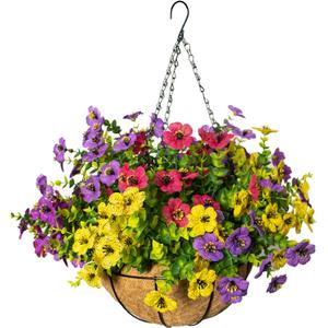 Artificial Hanging Flowers for Outdoors with Basket,UV Resistant Realistic Faux Hanging Plants Outdoor Artificial Flowers for Outdoors Basket for Yard Porch Patio Garden,12 Bundles Mix 4 Colors