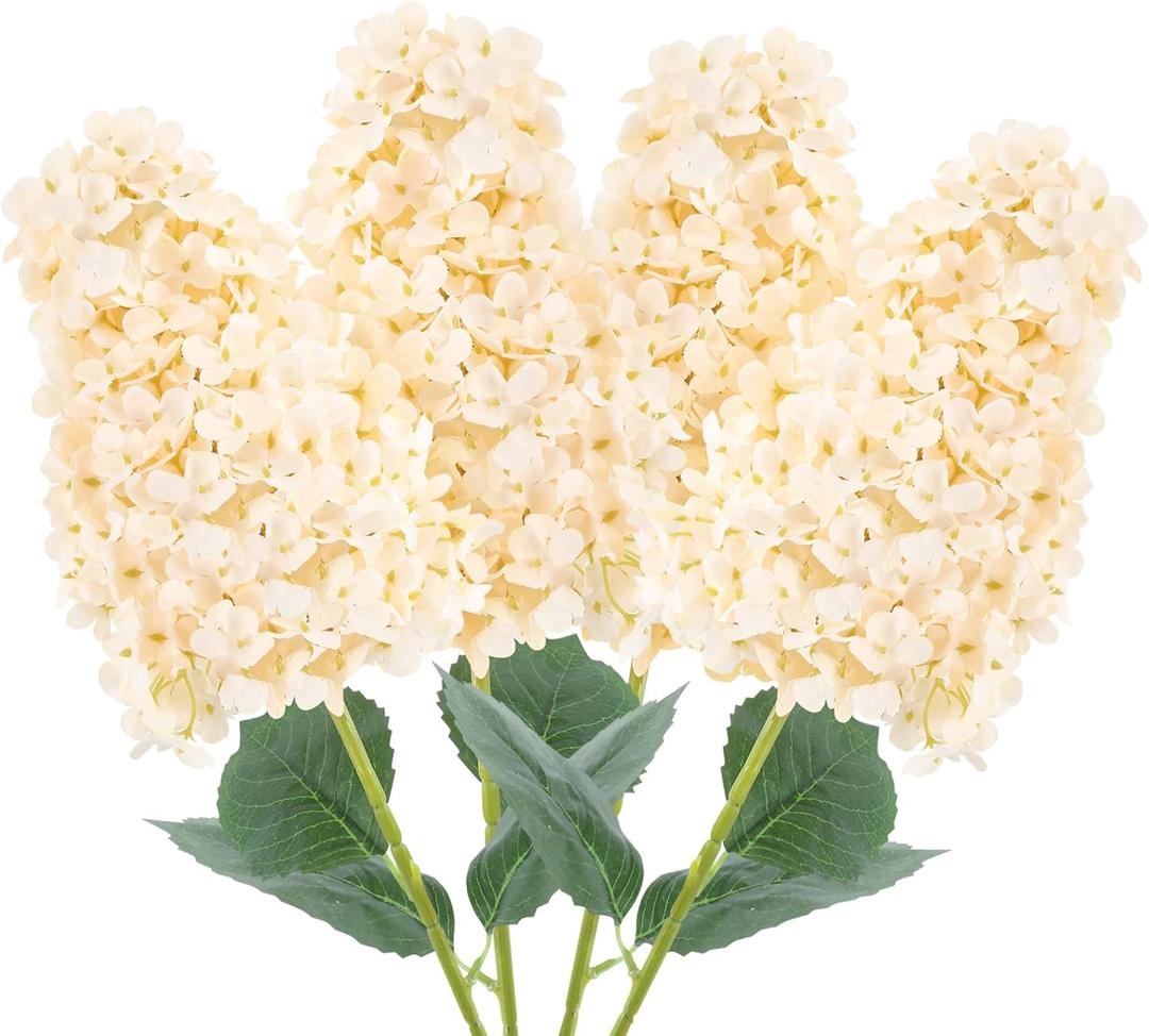 4pcs Champagne Hydrangea Artificial Flower, 33.5" Long Stem Real Touch Conical Fake Hydrangea Silk Flowers , For High Vase Flower Arrangements Decoration, Family Farmhouse, Hotel Decor (Champagne)