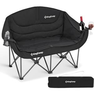 KingCamp Double Camping Chair, Oversized Heavy Duty 660lbs Loveseat for Adults Portable Folding XL 2 Person Couch Padded Comfortable Two Seat with Cup Holder for Outdoor Lawn Backyard, Black