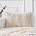 Kevin Textile 14x24 Inch Pillow Cover 1 Pack Boho Decorative Soft Striped Corduroy Lumbar Farmhouse Solid Color Accent Rectangle Cushion Case for Living Room Couch Sofa Bed, Cream White