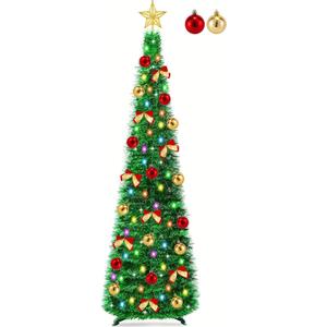 5 Ft Pop Up Pencil Christmas Tree with Timer 60 Warm White & Multicolor Change Lights, Pop Up Tinsel Christmas Tree with 16 Ball Ornaments 8 Bows 1 Minute Xmas Tree Home Indoor Christmas Decorations (Green)