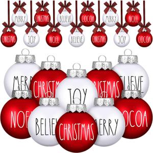 Liliful Ball Christmas Ornaments Merry Pattern Xmas Tree Decorations with Buffalo Plaid Bows Hanging Ball Farmhouse Christmas Decor Rustic Bulbs for Christmas Party Holiday (24 Pcs, 2.36 Inches)