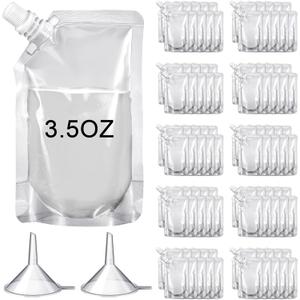 Meanplan 100 Pcs Plastic Pouches Bulk Reusable Squeeze Pouches Clear Plastic Juice Leak Proof Bags with Funnel for Party Favors Supplies(3.5 oz,Inclined Mouth)