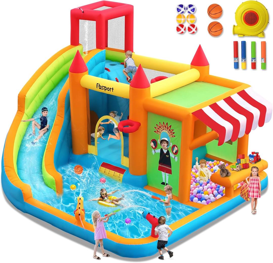 FBSPORT Inflatable Bounce House Water Slide, Bounce House for Kids with Toy Market Stand Splash Pool Bouncer Climbing Wall Water Gun Ball Dart, Bouncy Castle W/620W Blower for Outdoor Indoor, Red