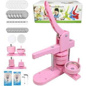 Button Maker Machine Multiple-Sizes, DIY Pin Button Maker Machine Kit with Interchangeable Button-Models&Free Button Parts&Circle Cutter&Wrench Gadget (Pink, 25+58mm)
