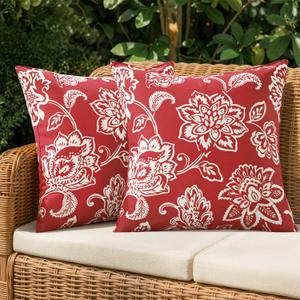 SWANCOCO Decorative Outdoor Floral Pillow Covers Set of 2,Waterproof Boho Farmhouse Throw Pillows Summer Accent Pillowcases for Patio Furniture Garden Sofa 18x18 Inch, Red