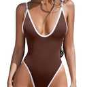 ESONLAR Women's Sexy Plunging V Neck Bathing Suit Open Back Contrast Color One Piece Swimsuits Brown & White XL