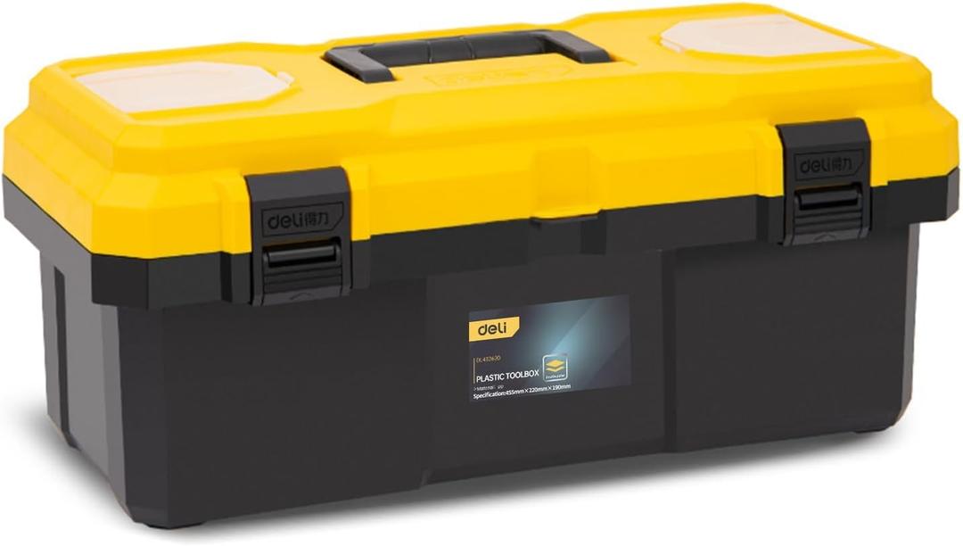 DELI Plastic Tool Box with Handle, 18 inch Tool Case with Double Locking and Removable Tray, Toolbox Organization