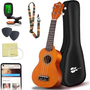 Everjoys Soprano Ukulele Beginner Kit 21 Inch w/Free Online Lesson Gig Bag Tuner Picks Strap, Fast to Learn (Honey)
