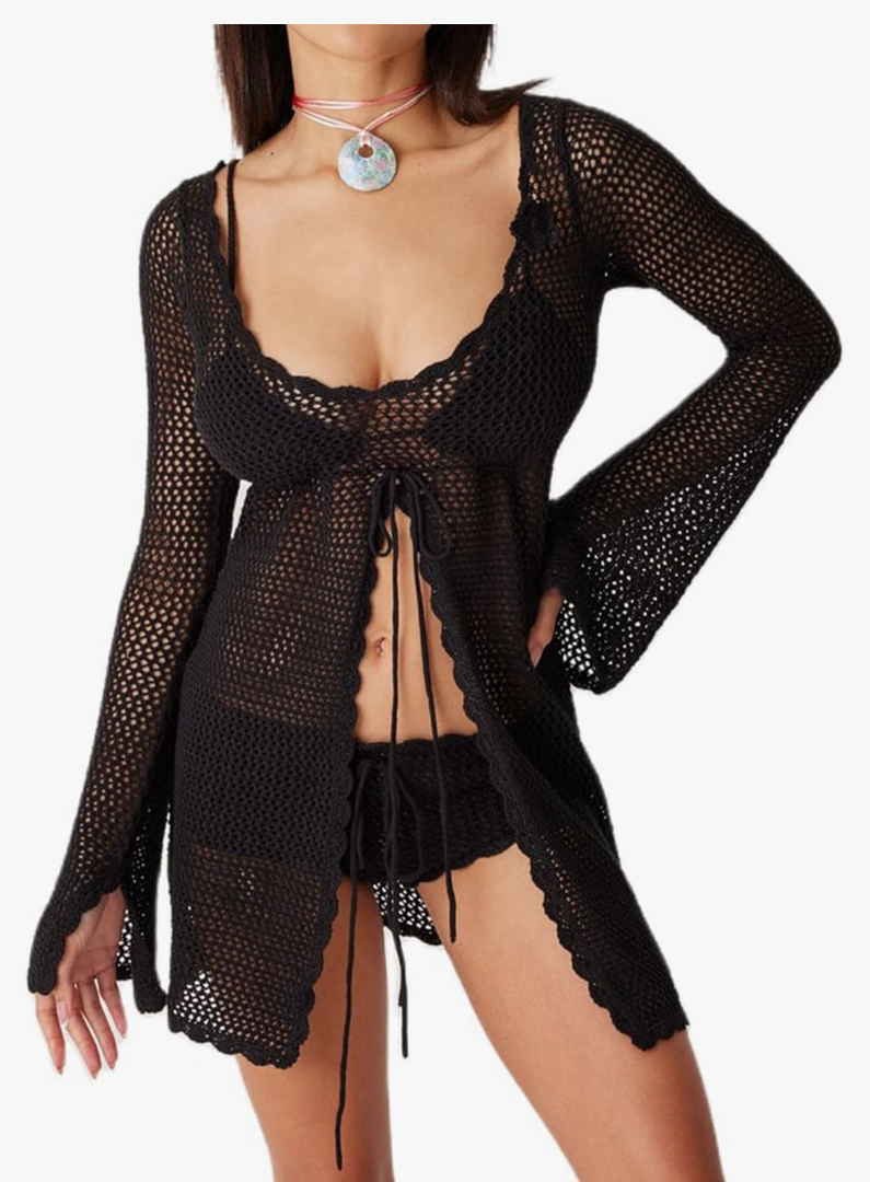Women Crochet Tunic Beach Cover Up Sexy Front Slit Tie Waist Bikini Bathing Suit Long Sleeve Knit Top Cover Ups S
