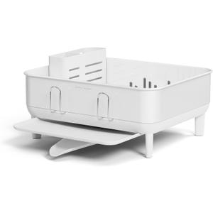 simplehuman Compact Dish Drying Rack with Stainless Steel Frame, 360 Easy Drain Swivel Spout, Utensil Holder, Anti-Residue Coating, Moisture Control Surface, White