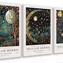 Hianan William Morris Framed Canvas Wall Art, Vintage Gold Moon Stars Poster Prints, Many Dreamlike Stars Wall Decor, Retro Botanical Aesthetic Picture for Bedroom Living Room Office 12"x16"x3 (Dark Blue,Gold)