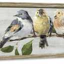 Rustic Bird Framed Wall Art: Vintage Animal Wooden Painting Abstract Colorful Cute Sparrow Picture Country Chubby Chickadee Prints Artwork Decor for Living Room Bedroom Farmhouse (36"L x 12"W, yellow)