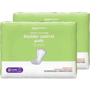 Amazon Basics Incontinence Pads for Women, Postpartum, Bladder Control, Overnight Absorbency, Unscented, with Odor Control, 60 Count (2 Packs of 30)