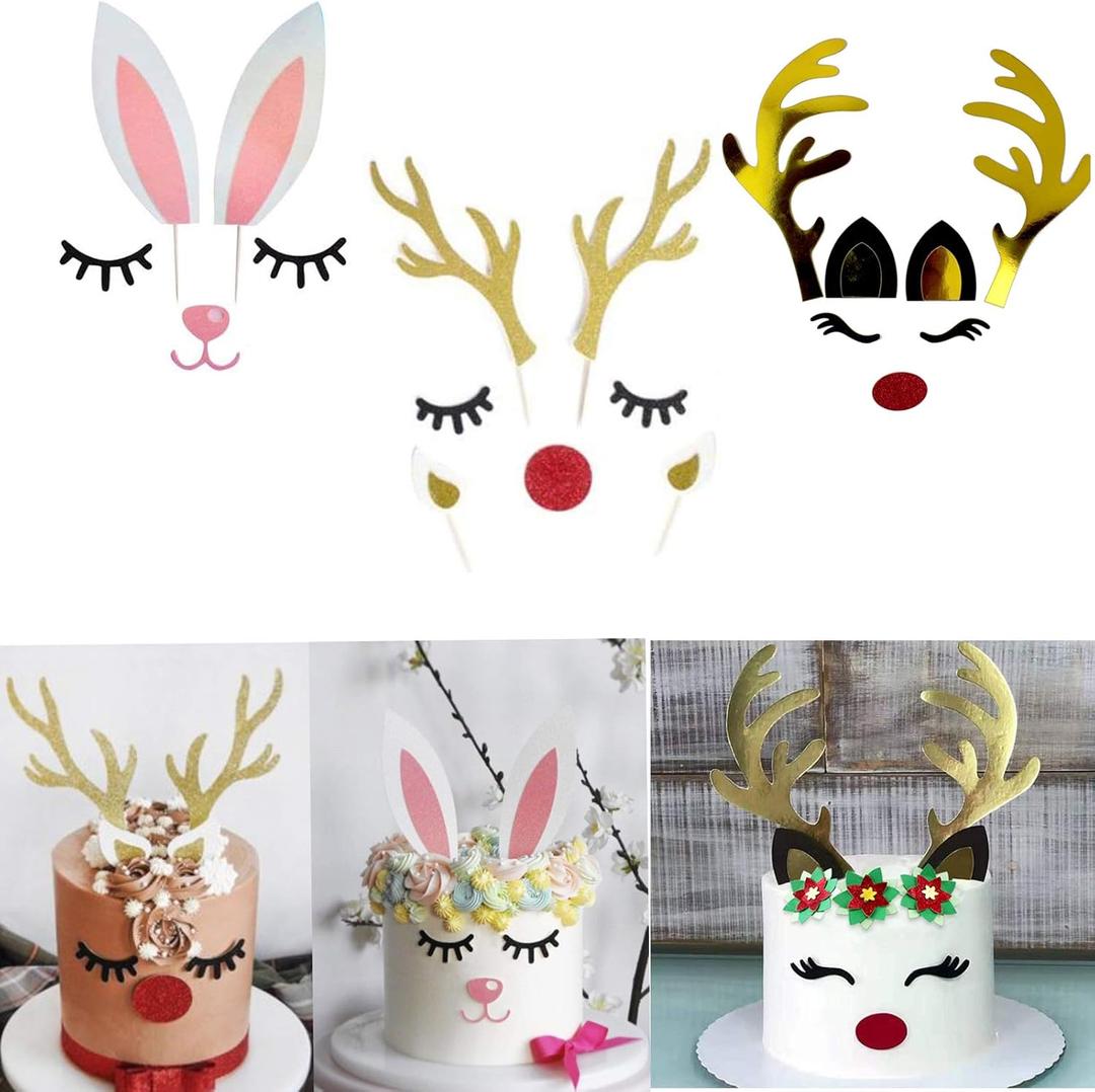 3 Set Christmas Cake Topper Decorations Reindeer Antler Rabbit Bunny Cake Topper with Eyelashes Nose Ear for Easter Xmas Halloween Party Decor Supplies