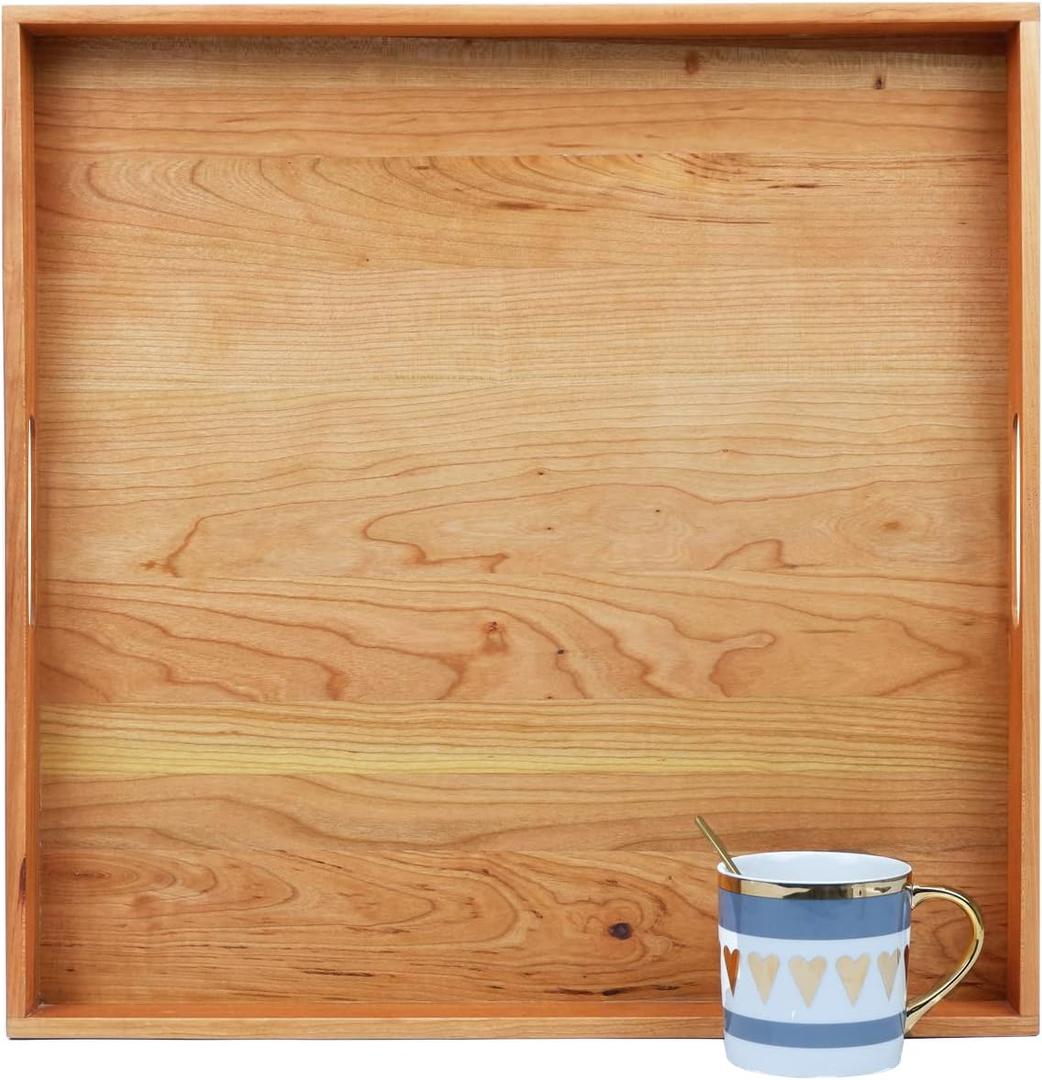 19 x 19 Inches Large Square Cherry Wood Ottoman Tray with Handles, Serve Tea, Coffee Classic Wooden Decorative Serving Tray