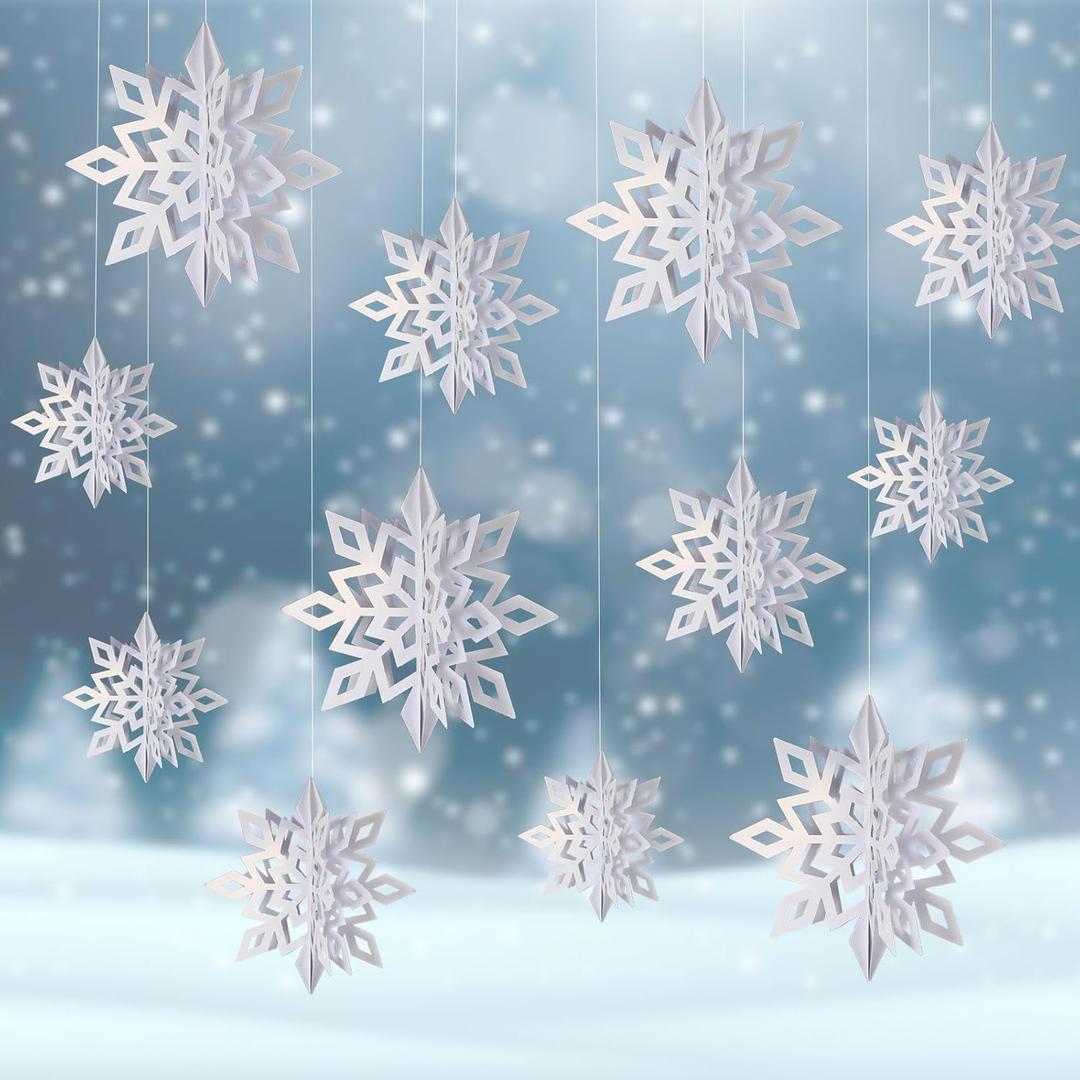 Christmas Snowflake Ornaments - 12pcs White Paper Snowflakes for Christmas Tree Decorations - 3D Hanging Snowflake Ornaments Winter Wonderland Decorations