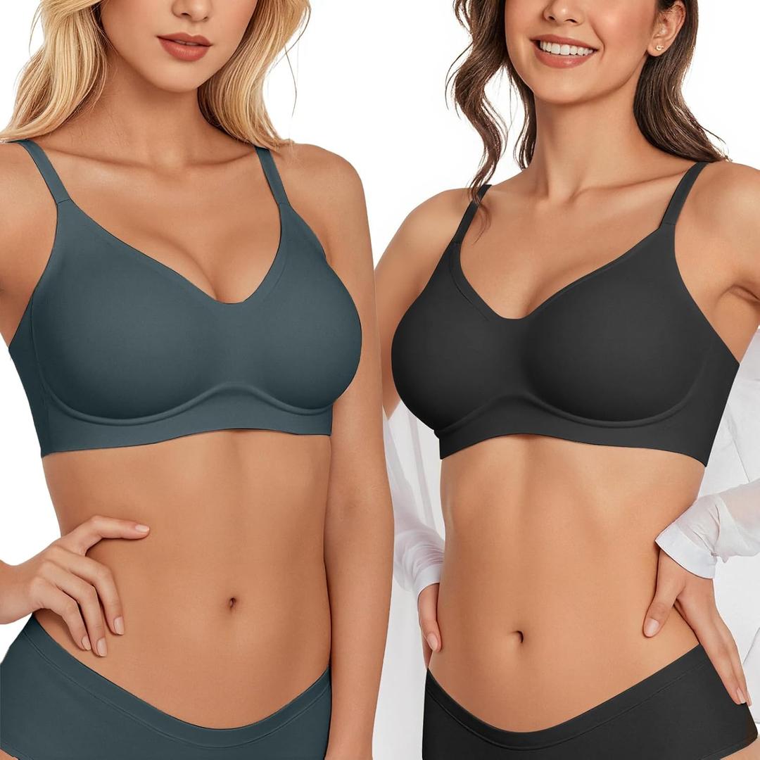 Vertvie Wireless Bras for Women Full Coverage Supportive Seamless Bralettes No Underwire Push Up Comfort Soft T-Shirt Bra (Black+teal,Small)