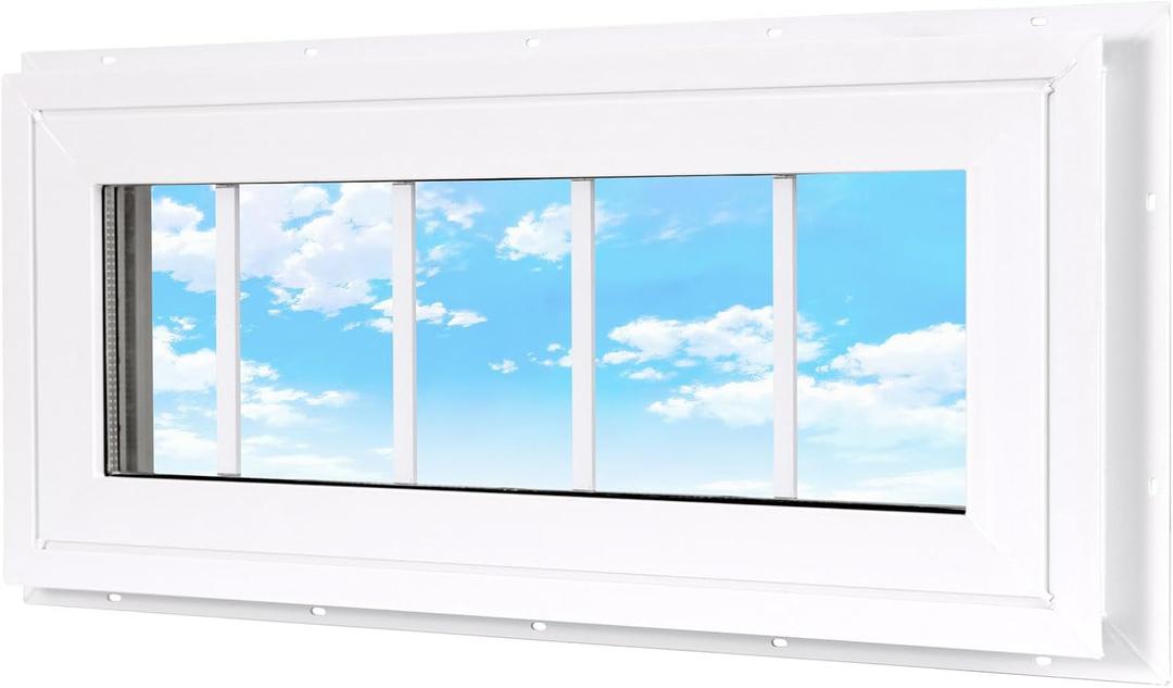 Vinyl Transom Household Window, 10" x 29" Double Pane Fixed Window with Grids and Tempered Glass for House, Garage (White)