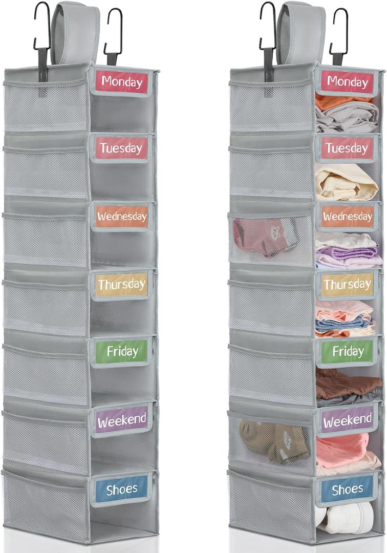 2 Pack 7 Shelf Weekly Clothes Organizer Hanging Closet for Kids with Side Pockets Weekday Shoes Rack Weekly Clothes Organizers Monday Through Weekend Foldable Storage Shelves(Gray)