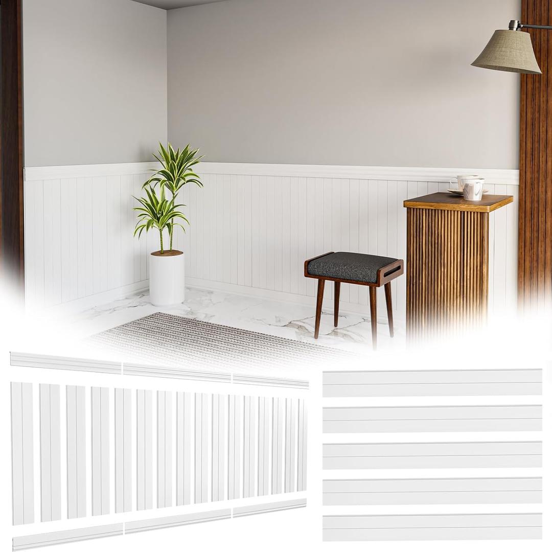 CroBlissful 25.8 sq. ft. Pre-Cut DIY Wainscoting Panels Kit for Bathroom 3D Wall Accents 16 Pack 6''x 39.3'' WPC Beadboard with 3 Pack 31.5'' Baseboard and Waistline Board Oak Textured Wall Decor