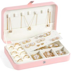SLOZO Travel Jewelry Case for Women,Travel Jewelry Organizer Box,Small Jewelry Box,PU Leather Portable Jewellery Storage Boxes for Ring Earrings Necklace Bangle,Gifts for Women Girls (Pink)