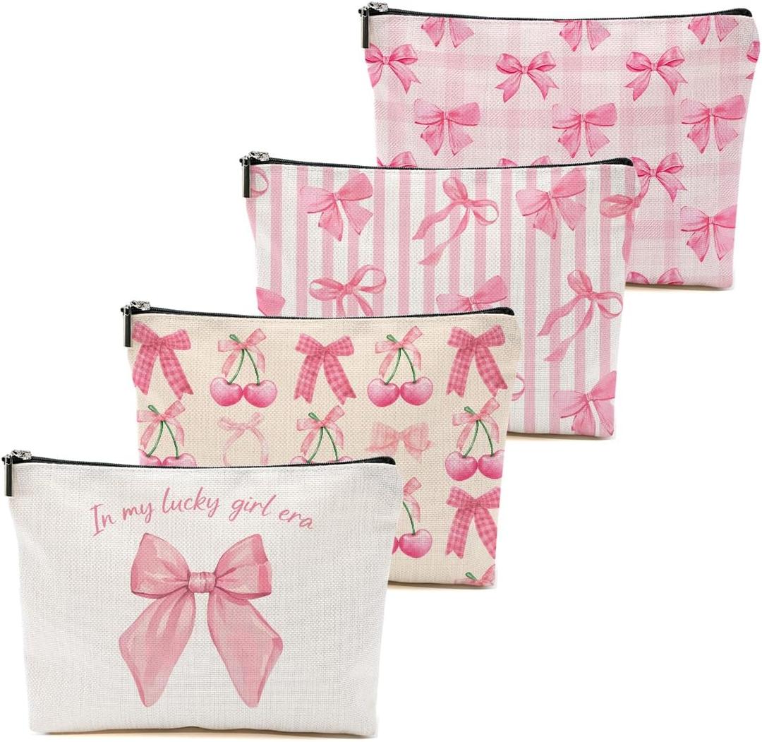 4Pcs Pink Coquette Bow Makeup Bag, Preppy Cosmetic Bags Zipper Pouch Travel Toiletry Bag, Pink Trendy Gifts for Women Girls Coworker Friends Travel Storage Accessories Birthday Christmas Gifts-2