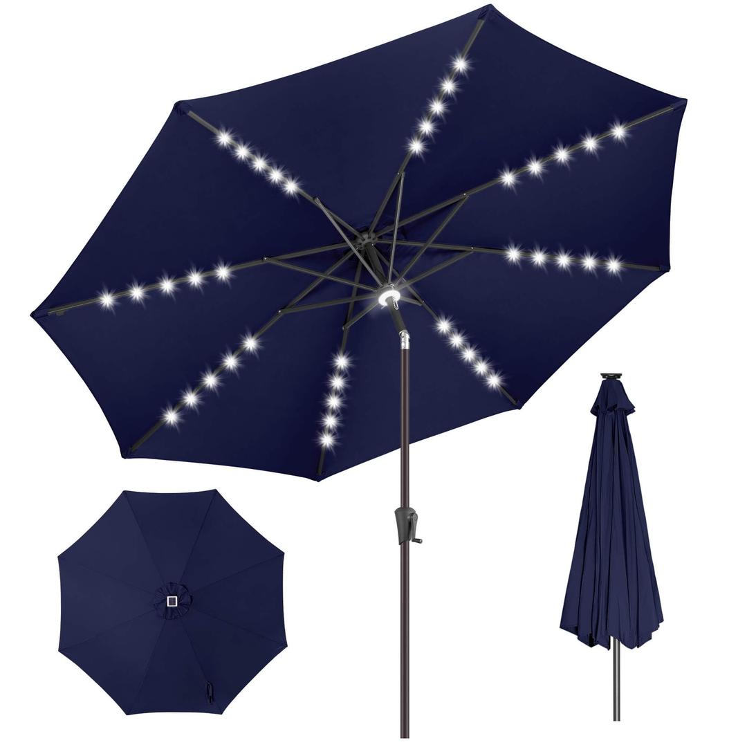 AckMizz 11FT Solar Umbrella Outdoor - Lighted Solar Patio Umbrella with 40 LED Lights Waterproof UV Protection, Table Umbrella with Tilt for Pool, Porch, Garden, Deck, Backyard - Navy Blue