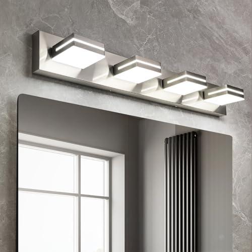 OKELI 4 Lights Bathroom Vanity Light Fixtures Brushed Nickel LED Dimmable Vanity Light Over Mirror Modern Wall Mounted Lighting Fixture, 350° Rotatable Lamp Head 32W Cold White 6000K ETL Listed