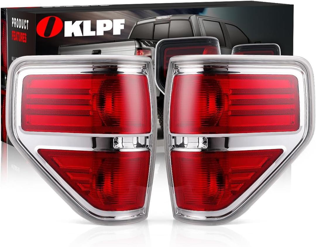 OKLPF Rear Brake Tail Lights Compatible With 2009 2010 2011 2012 2013 2014 Ford F150 F-150,Replace Silver Taillights Assembly Red Chrome Tail Lights,Not Included Bulbs,Driver and Passenger Side