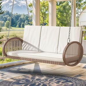DWVO 3-Person Wicker Porch Swing with Cushions, Outdoor Hanging Swing Chair with Oval Armrests, Iron Frame, 800lbs Capacity for Patio, Garden, Balcony (Beige)