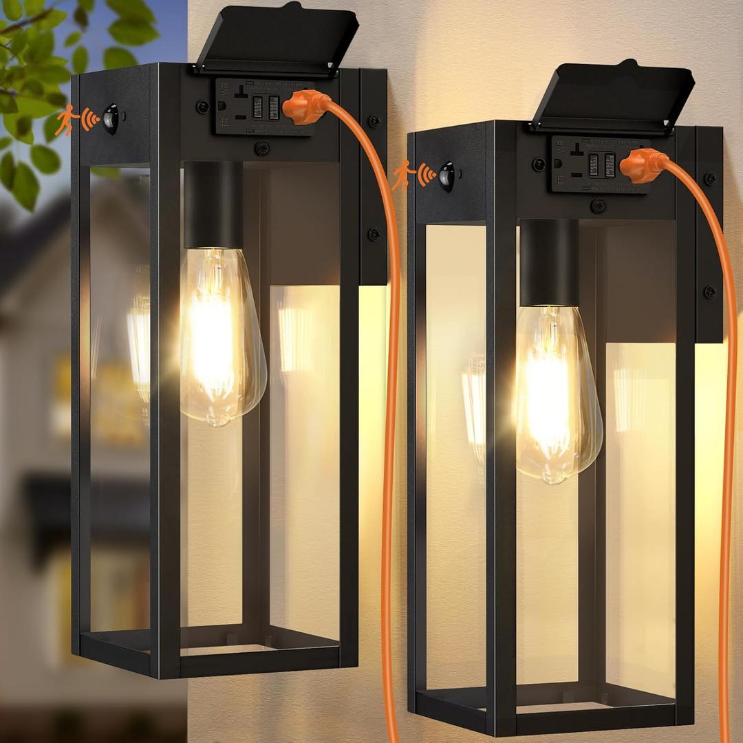2 Pack Large Porch Lights with GFCI Outlet, Dusk to Dawn Motion Sensor Outdoor Lights, 2 Lighting Modes Waterproof Anti-Rust Wall Sconce Lantern, Outside Light for House, 14.62 Inch (Black)
