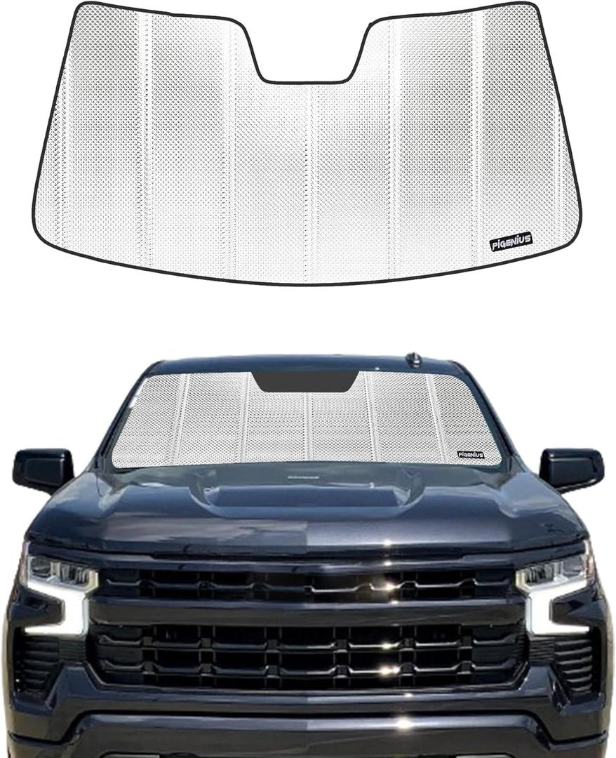 Windshield Sun Shade for 2019-2024 Chevrolet Silverado/GMC Sierra 1500. Upgrade 2024 Reflective Aluminum Film Front Window Sunshade for Maximum Interior Protection
