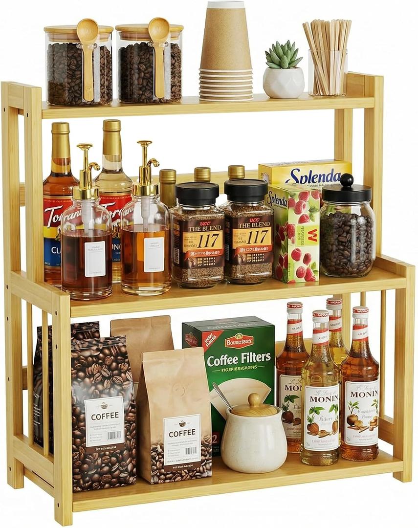 Countertop Coffee Station Organizer, 3 Tier Bamboo Shelf for Coffee Bar Accessories, Coffee Bar Organizer for Home Kitchen