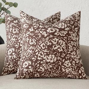 MIULEE Floral Pillow Covers 20x20 Set of 2, Neutral Linen Decorative Throw Pillow Covers for Sofa Couch Outdoor Living Room, Farmhouse Cushion Covers, Brown