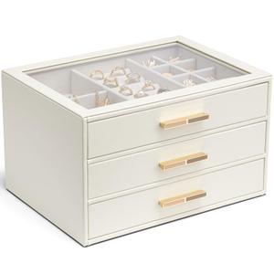 VLANDO Jewelry Box for Women, 3-Layer Jewelry Organizer with Drawers, Glass Lid Display Jewelry Storage, Soft PU Leather Exterior, Contrast Gold Metal Handles, Refined Style - Cloud White