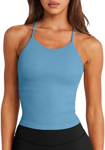 LASLULU Womens Sports Bra Seamless Long Crop Tank Racer Back Spaghetti Strap Workout Yoga Bra Padded Halter Neck Casual Tops M, Sky Blue