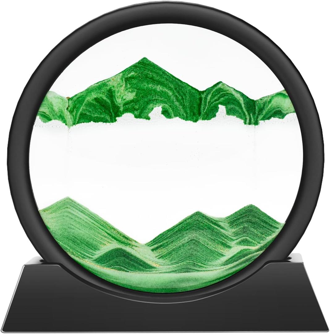 Wai Danie Moving Sand Art Picture 3D Hourglass Deep Sea Sandscape Liquid Motion Display Painting Flowing Sand Frame Relaxing Desktop Home Office Work Decor(Green,7 Inches)