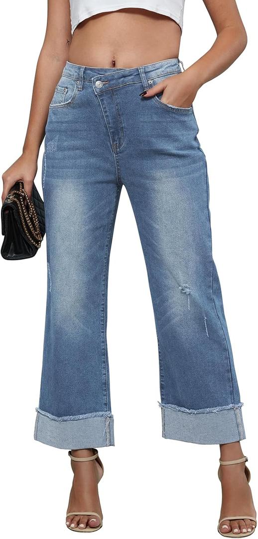 Genleck Wide Leg Cropped Jeans for Women Trendy High Waisted Crossover Boyfriend Jeans Mom Baggy Stretchy Denim (Blue, XS)