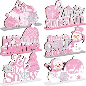 Wonderjune 6 Pcs Winter Wooden Table Decor Snowflake Snowman Wooden Centerpieces Wonderland Decor for Winter It's Snow Theme Xmas Birthday Baby is Cold Outside Party Supplies(Pink)