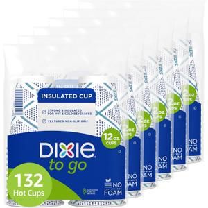 Dixie To Go Paper Coffee Cups, 12 oz, 132 Count (6 packs of 22 cups), Disposable Insulated Paper Cups for On-The-Go Hot or Cold Beverages
