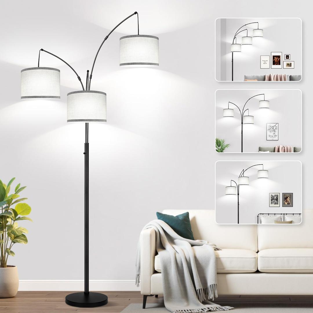 Dimmable Floor Lamp, 3 Lights Arc Floor Lamps for Living Room, Modern Tall Standing Tree Lamp with Gray Linen Shade & Heavy Base, Large Floor Lamp for Bedroom Office, 3x1000 LM LED Bulbs Included